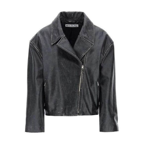 Distressed Leather Biker Jacket with Mirrored Lapels for Women - Picture 1 of 4
